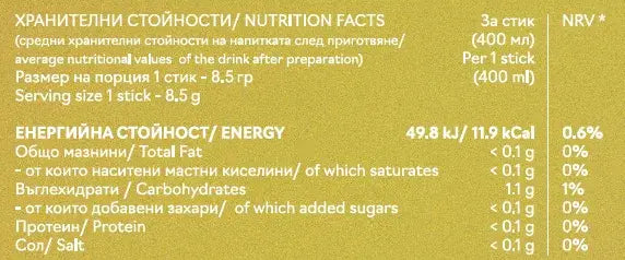 Nutrition facts for MaximusFit electrolyte drink sticks, detailing calories, fats, carbohydrates, and proteins.